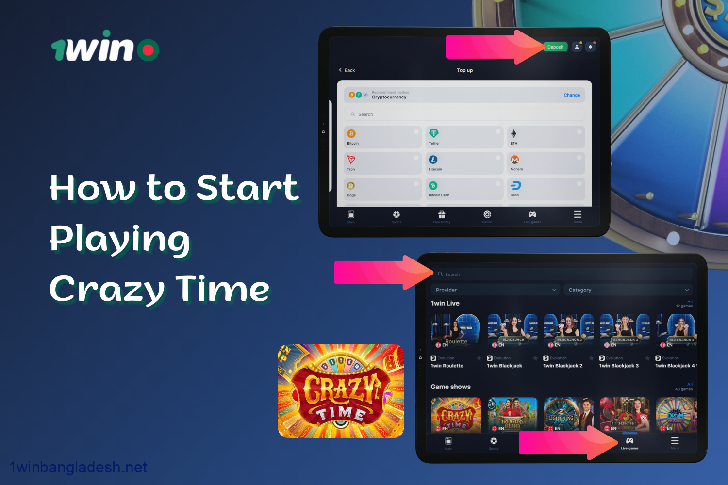 How to access the Crazy Time live game at 1win Bangladesh